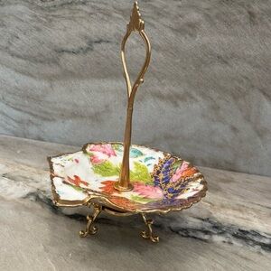 Handmade trinket tray decoupage floral with decorative gold stand